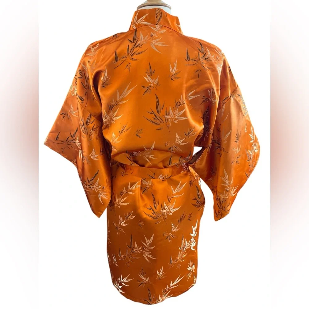 Oriental Orange Kimono Robe with Belt and Gold,Copper,Brown Leaf Pattern OS